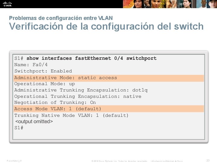 Problemas de configuración entre VLAN Verificación de la configuración del switch Presentation_ID © 2014