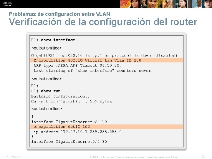 Problemas de configuración entre VLAN Verificación de la configuración del router Presentation_ID © 2014