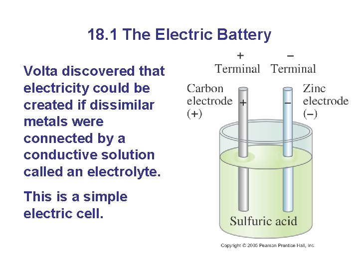 18. 1 The Electric Battery Volta discovered that electricity could be created if dissimilar