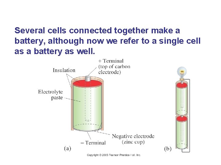 Several cells connected together make a battery, although now we refer to a single