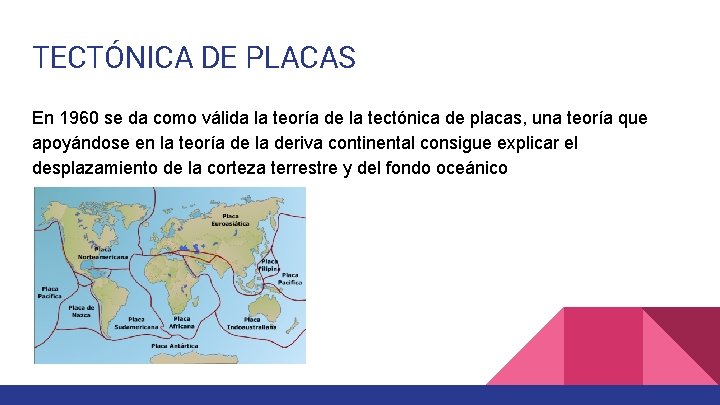 TECTÓNICA DE PLACAS En 1960 se da como válida la teoría de la tectónica