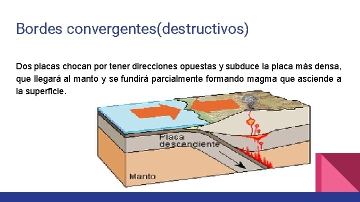 Bordes convergentes(destructivos) Dos placas chocan por tener direcciones opuestas y subduce la placa más