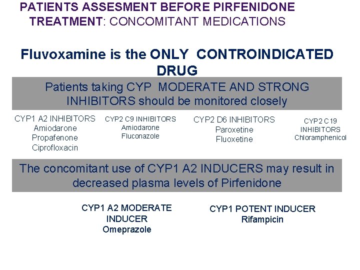 PATIENTS ASSESMENT BEFORE PIRFENIDONE TREATMENT: CONCOMITANT MEDICATIONS Fluvoxamine is the ONLY CONTROINDICATED DRUG Patients PATIENTS ASSESMENT BEFORE PIRFENIDONE TREATMENT: CONCOMITANT MEDICATIONS Fluvoxamine is the ONLY CONTROINDICATED DRUG Patients
