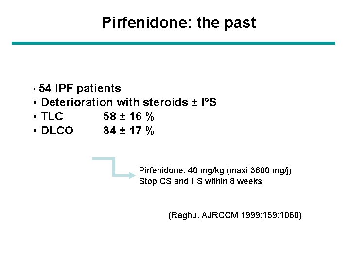 Pirfenidone: the past • 54 IPF patients • Deterioration with steroids ± I°S • Pirfenidone: the past • 54 IPF patients • Deterioration with steroids ± I°S •