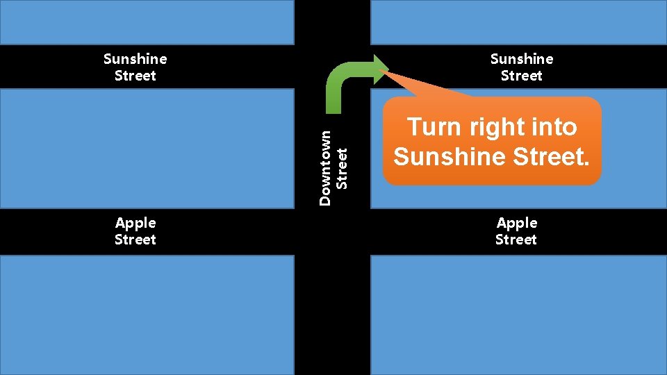 Sunshine Street Downtown Street Sunshine Street Apple Street Turn right into Sunshine Street. Apple