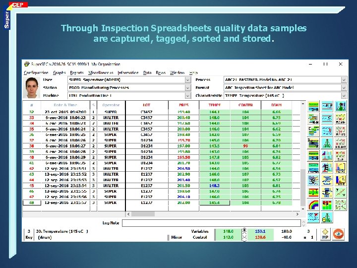 Through Inspection Spreadsheets quality data samples are captured, tagged, sorted and stored. 