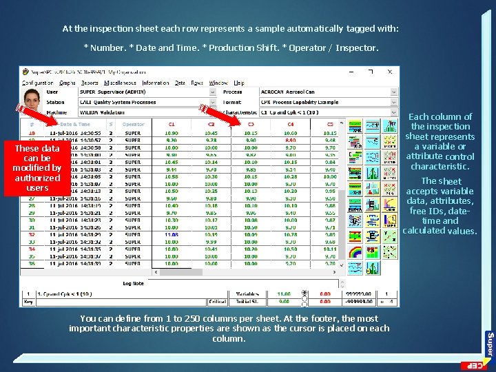 At the inspection sheet each row represents a sample automatically tagged with: * Number.