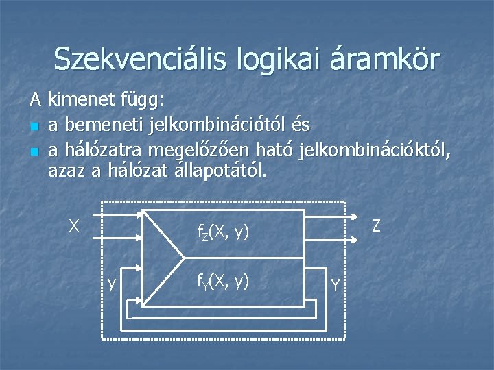 Szekvenciális logikai áramkör A kimenet függ: n a bemeneti jelkombinációtól és n a hálózatra