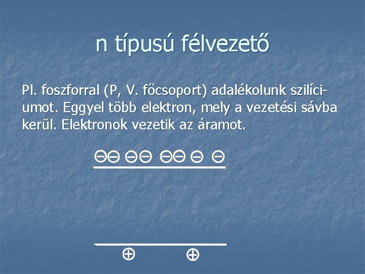 n típusú félvezető Pl. foszforral (P, V. főcsoport) adalékolunk szilíciumot. Eggyel több elektron, mely