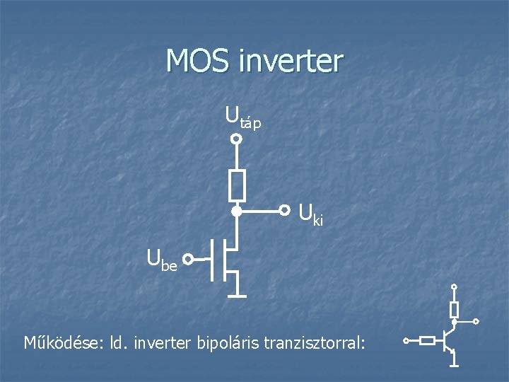 MOS inverter Utáp Uki Ube Működése: ld. inverter bipoláris tranzisztorral: 