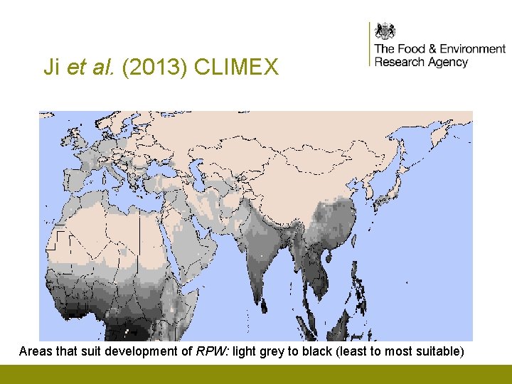 Ji et al. (2013) CLIMEX Areas that suit development of RPW: light grey to