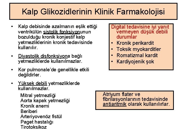 Kalp Glikozidlerinin Klinik Farmakolojisi • Kalp debisinde azalmanın eşlik ettiği ventrikülün sistolik fonksiyonunun bozulduğu