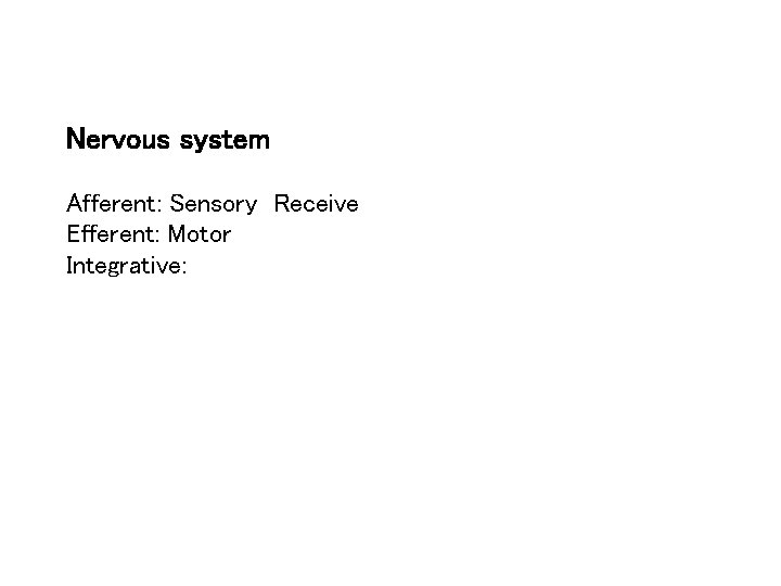 Nervous system Afferent: Sensory Receive Efferent: Motor Integrative: 
