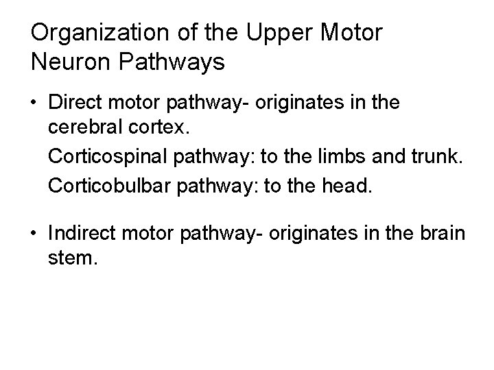 Organization of the Upper Motor Neuron Pathways • Direct motor pathway- originates in the