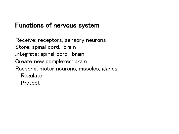 Functions of nervous system Receive: receptors, sensory neurons Store: spinal cord, brain Integrate: spinal