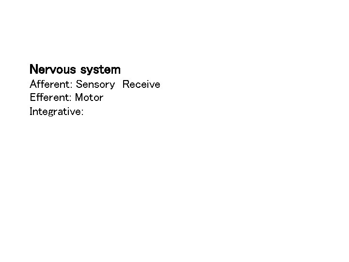 Nervous system Afferent: Sensory Receive Efferent: Motor Integrative: 