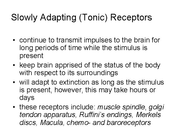 Slowly Adapting (Tonic) Receptors • continue to transmit impulses to the brain for long