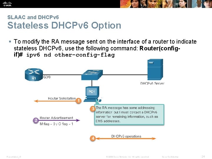 SLAAC and DHCPv 6 Stateless DHCPv 6 Option § To modify the RA message