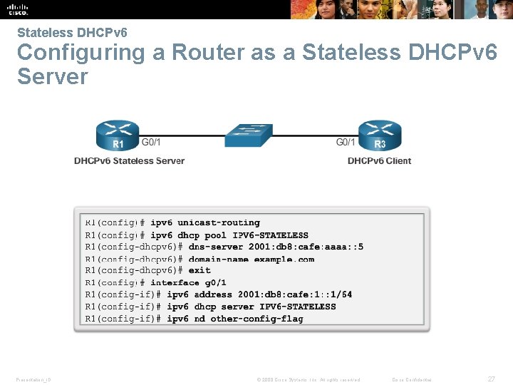 Stateless DHCPv 6 Configuring a Router as a Stateless DHCPv 6 Server Presentation_ID ©