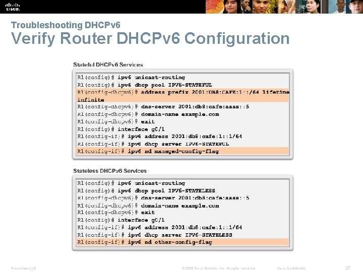 Troubleshooting DHCPv 6 Verify Router DHCPv 6 Configuration Presentation_ID © 2008 Cisco Systems, Inc.