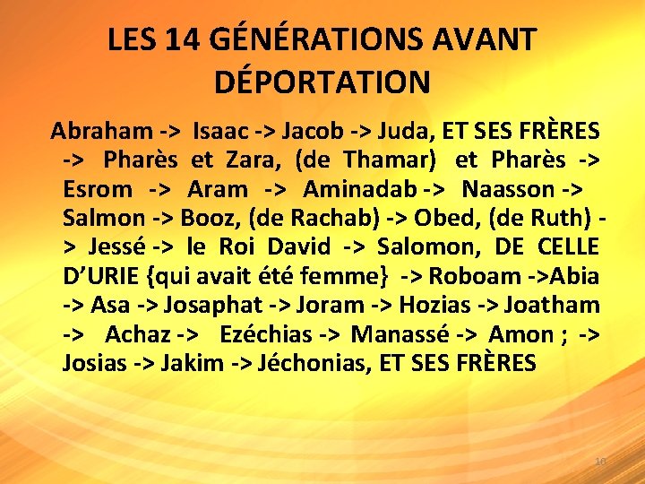 LES 14 GÉNÉRATIONS AVANT DÉPORTATION Abraham -> Isaac -> Jacob -> Juda, ET SES