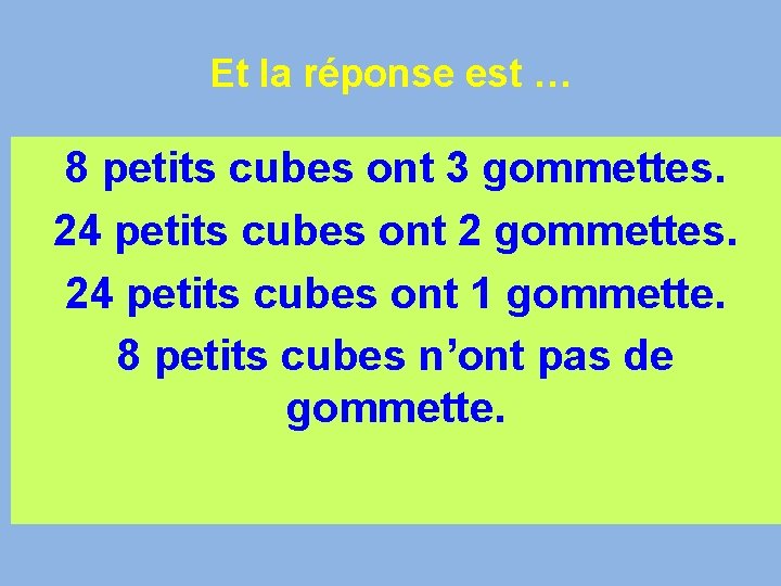 Et la réponse est … 8 petits cubes ont 3 gommettes. 24 petits cubes
