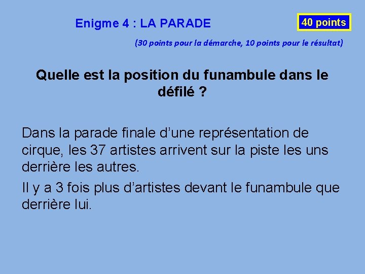 Enigme 4 : LA PARADE 40 points (30 points pour la démarche, 10 points