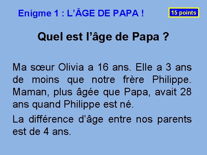 Enigme 1 : L’ GE DE PAPA ! 15 points Quel est l’âge de