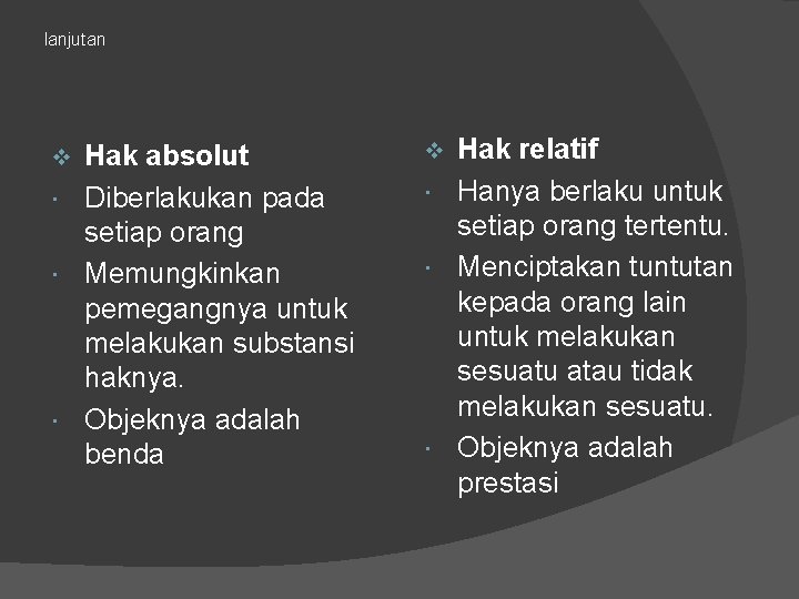 lanjutan Hak absolut Diberlakukan pada setiap orang Memungkinkan pemegangnya untuk melakukan substansi haknya. Objeknya