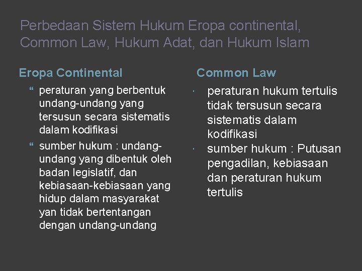Perbedaan Sistem Hukum Eropa continental, Common Law, Hukum Adat, dan Hukum Islam Eropa Continental