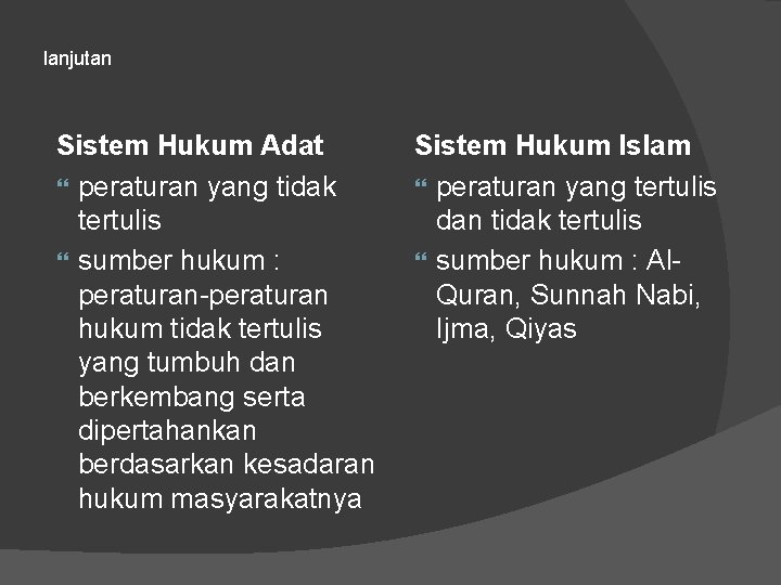 lanjutan Sistem Hukum Adat peraturan yang tidak tertulis sumber hukum : peraturan-peraturan hukum tidak