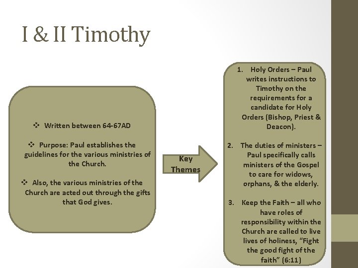 I & II Timothy 1. Holy Orders – Paul writes instructions to Timothy on I & II Timothy 1. Holy Orders – Paul writes instructions to Timothy on