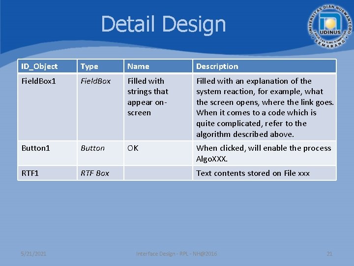 Detail Design ID_Object Type Name Description Field. Box 1 Field. Box Filled with strings