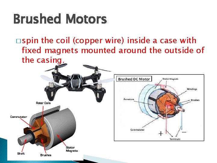 Brushed Motors � spin the coil (copper wire) inside a case with fixed magnets