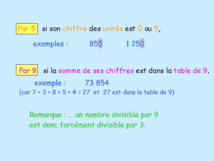 Par 5 si son chiffre des unités est 0 ou 5, Par 9 si