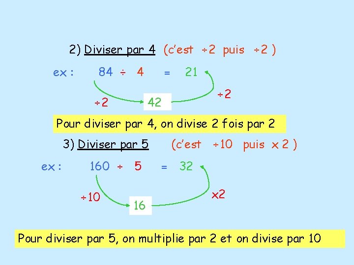 2) Diviser par 4 (c’est ÷ 2 puis ÷ 2 ) ex : 84 2) Diviser par 4 (c’est ÷ 2 puis ÷ 2 ) ex : 84