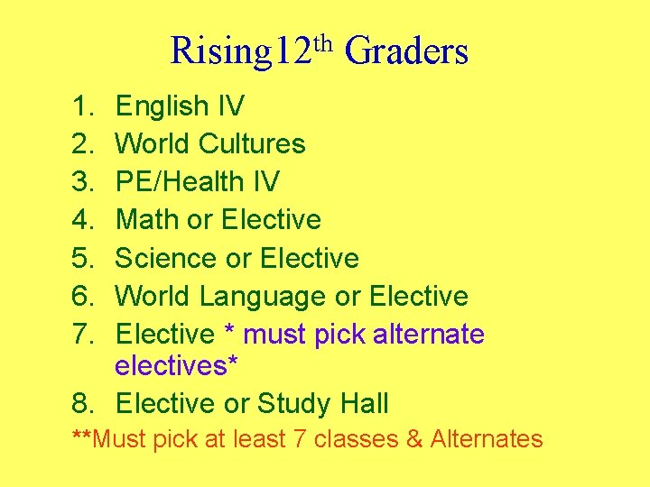 Rising 12 th Graders 1. 2. 3. 4. 5. 6. 7. English IV World