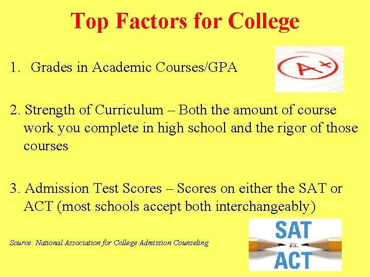 Top Factors for College 1. Grades in Academic Courses/GPA 2. Strength of Curriculum –