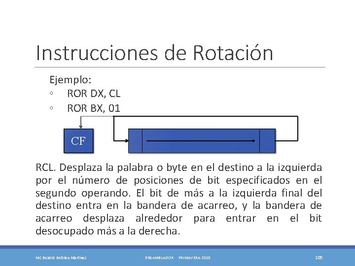 Instrucciones de Rotación Ejemplo: ◦ ROR DX, CL ◦ ROR BX, 01 CF RCL.