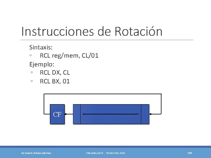 Instrucciones de Rotación Sintaxis: ◦ RCL reg/mem, CL/01 Ejemplo: ◦ RCL DX, CL ◦