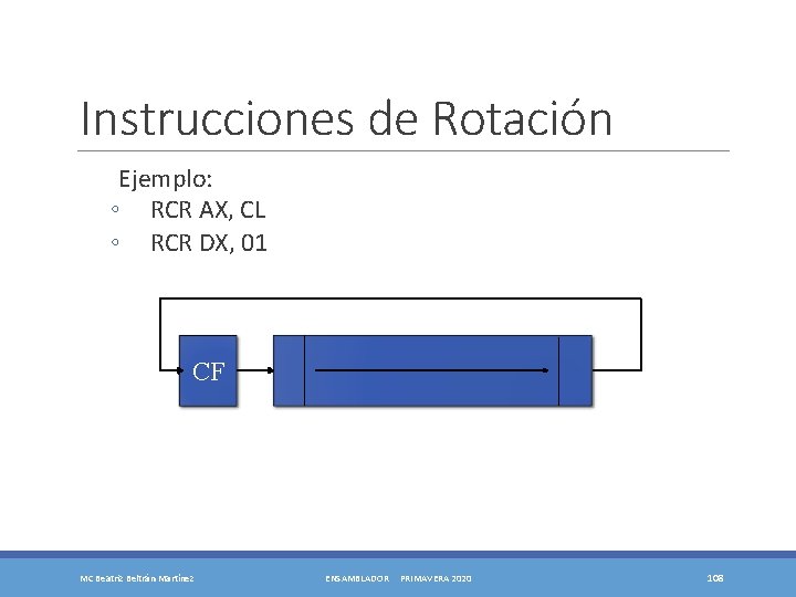 Instrucciones de Rotación Ejemplo: ◦ RCR AX, CL ◦ RCR DX, 01 CF MC