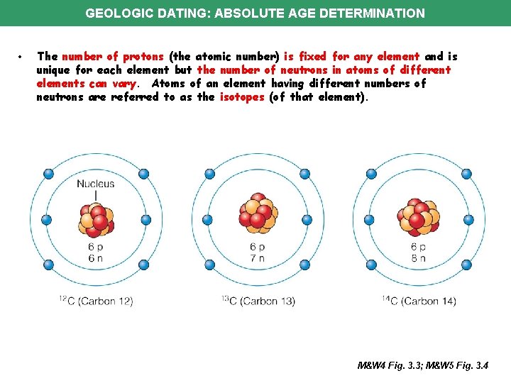 GEOLOGIC DATING: ABSOLUTE AGE DETERMINATION • The number of protons (the atomic number) is