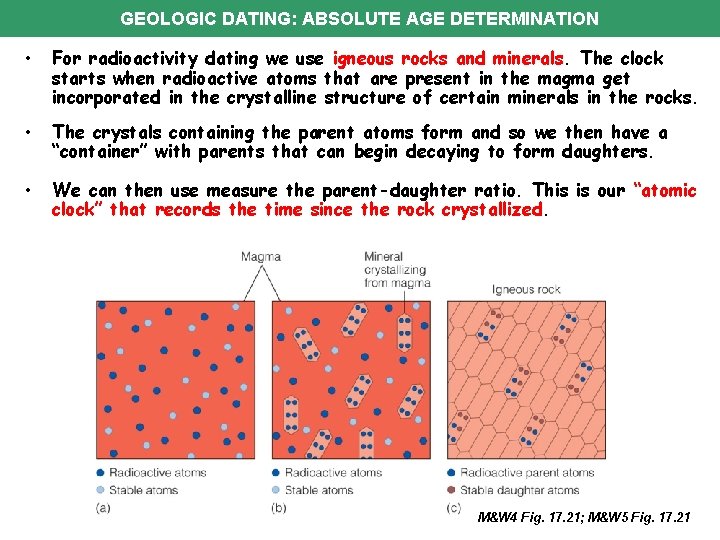 GEOLOGIC DATING: ABSOLUTE AGE DETERMINATION • For radioactivity dating we use igneous rocks and