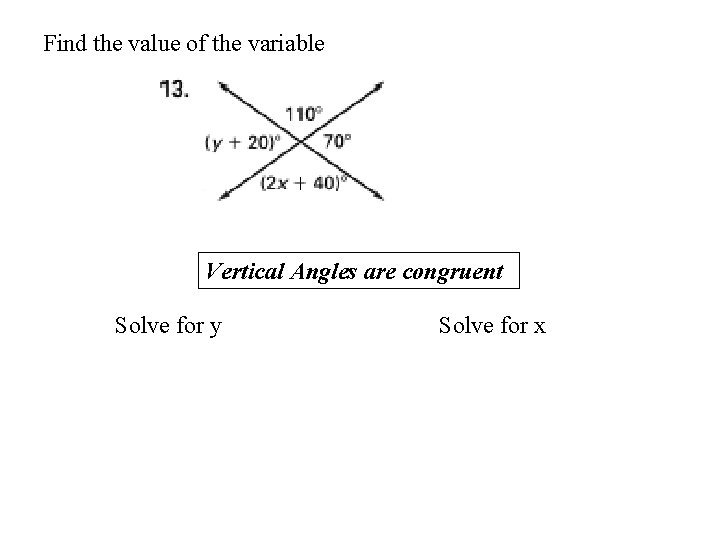 Find the value of the variable Vertical Angles are congruent Solve for y Solve