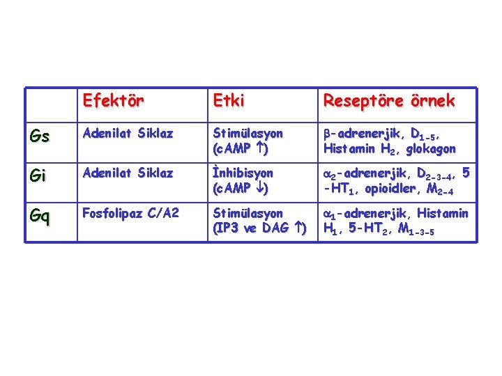Efektör Etki Reseptöre örnek Gs Adenilat Siklaz Stimülasyon (c. AMP ) -adrenerjik, D 1