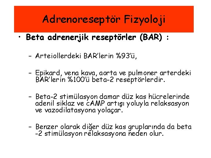 Adrenoreseptör Fizyoloji • Beta adrenerjik reseptörler (BAR) : – Arteiollerdeki BAR’lerin %93’ü, – Epikard,