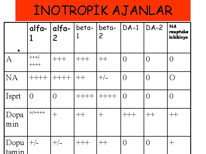 İNOTROPİK AJANLAR A • alfa- beta- DA-1 DA-2 1 2 NA reuptake inhibisyo +++/