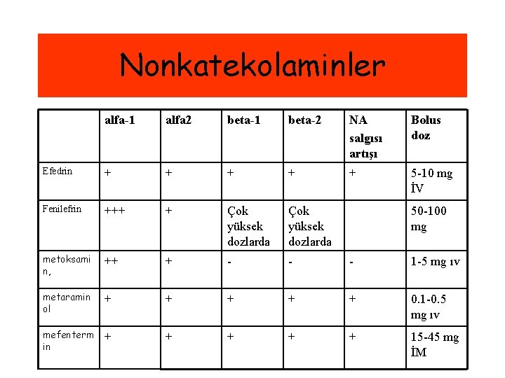 Nonkatekolaminler alfa-1 alfa 2 beta-1 beta-2 NA salgısı artışı Bolus doz Efedrin + +