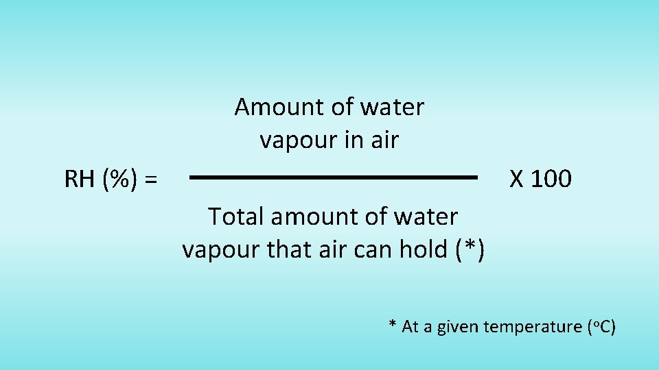 Amount of water vapour in air RH (%) = X 100 Total amount of