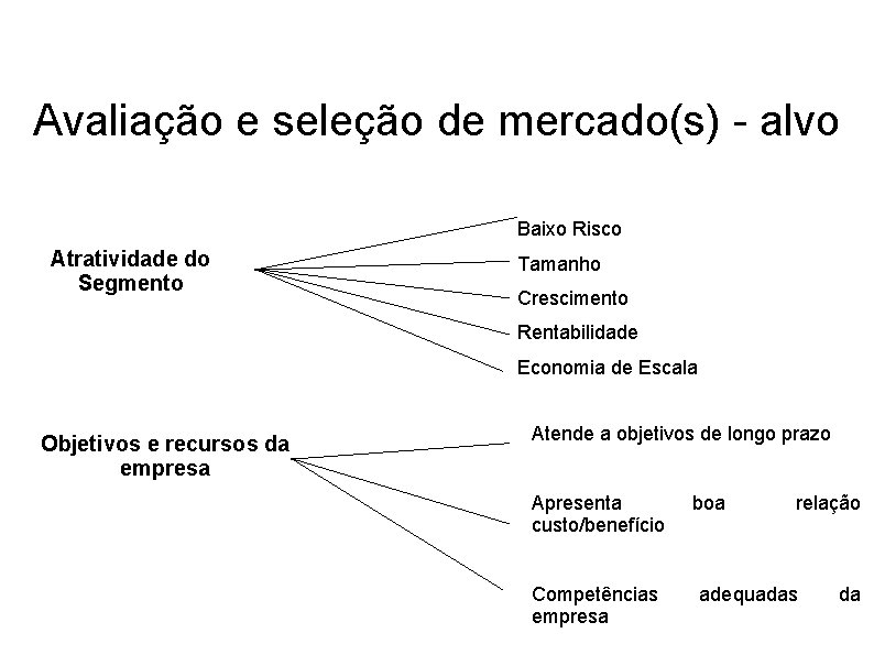 Avaliação e seleção de mercado(s) - alvo Baixo Risco Atratividade do Segmento Tamanho Crescimento